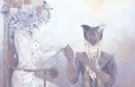 2girls ascot blonde_hair blood bloodborne bound bouquet breasts character_request flower fortisselle gloves hat headless highres lady_maria_of_the_astral_clocktower long_hair looking_down multiple_girls petals tied_to_chair tricorne 
