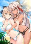  2girls ahoge bangs beach bikini black_bikini black_bow blonde_hair blush bow breasts cleavage clouds cloudy_sky collarbone cowboy_shot dark_skin day eyebrows_visible_through_hair fate/grand_order fate_(series) fingernails grey_eyes hair_between_eyes hair_bow hair_ornament horizon hug hug_from_behind kotatsu_(kotatsu358) large_breasts long_hair looking_at_viewer multiple_girls navel ocean okita_souji_(alter)_(fate) okita_souji_(fate) okita_souji_(fate)_(all) outdoors palm_tree parted_lips shiny shiny_hair shiny_skin short_hair side-tie_bikini silver_hair sky standing swimsuit tassel tree white_bikini yellow_eyes yuri 