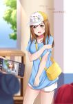  1girl absurdres artist_name bag baseball_cap blue_shirt blush breasts brown_hair cellphone commentary cosplay cowboy_shot embarrassed english english_commentary hat hataraku_saibou highres indoors kunikida_hanamaru long_hair look-alike love_live! love_live!_sunshine!! open_mouth phone platelet_(hataraku_saibou) platelet_(hataraku_saibou)_(cosplay) raemn_(raemn2d) shirt short_sleeves shorts shoulder_bag sky smartphone solo_focus taking_picture tree white_shorts window yellow_bag yellow_eyes 