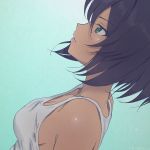  1girl akagi_(fmttps) bare_shoulders black_hair commentary dark_skin eyebrows_visible_through_hair face from_side girls_und_panzer green_eyes hoshino_(girls_und_panzer) lips looking_up short_hair simple_background solo teal_background upper_body 