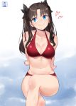  1girl arm_support arms_behind_back bangs bikini blue_eyes breasts brown_hair cleavage clouds cloudy_sky collarbone commentary_request emiya-san_chi_no_kyou_no_gohan eyebrows_visible_through_hair fate/grand_order fate/hollow_ataraxia fate/stay_night fate_(series) hair_ribbon halterneck heart large_breasts legs_crossed looking_to_the_side murio navel red_bikini ribbon sitting sky smile solo swimsuit tohsaka_rin twintails water wet 