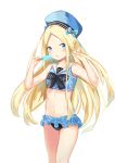  1girl :o abigail_williams_(fate/grand_order) absurdres bangs bare_arms bare_shoulders beret bikini_skirt black_bikini_bottom black_bow blonde_hair blue_bow blue_eyes blue_hat blue_shirt blush bow collarbone commentary_request eyebrows_visible_through_hair fate/grand_order fate_(series) fingernails food forehead hands_up hat hat_bow highres holding holding_food long_hair looking_at_viewer navel parted_bangs parted_lips popsicle sailor_collar school_uniform serafuku shirt simple_background sleeveless sleeveless_shirt solo very_long_hair white_background white_sailor_collar yukaa 