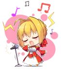  /\/\/\ 1girl absurdres ahoge blonde_hair blush_stickers chibi closed_eyes epaulettes eyebrows_visible_through_hair fate/extra fate_(series) full_body highres long_sleeves microphone microphone_stand music musical_note nero_claudius_(fate) nero_claudius_(fate)_(all) open_mouth saber_extra short_hair singing solo standing subaru_(794829485) white_background 