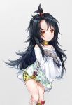  1girl bare_shoulders black_hair brown_eyes c-ms_(girls_frontline) choker commentary_request fish girls_frontline highres holding long_hair messy_hair oversized_clothes oversized_shirt polka_dot polka_dot_shirt shirt short_shorts shorts sleeves_past_wrists solo topknot white_shirt yellow_shorts 