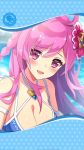  1girl artist_request blue_swimsuit blush braid breasts cleavage eyebrows_visible_through_hair flower framed_image hair_between_eyes hair_flower hair_ornament highres long_hair medium_breasts official_art open_mouth phantom_of_the_kill pink_eyes pink_hair swimsuit tyrfing_(phantom_of_the_kill) 