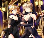  2girls ahoge alcohol arm_behind_back armpit_peek artoria_pendragon_(all) bangs bare_shoulders black_bow black_choker black_gloves black_legwear black_ribbon blonde_hair blue_eyes blue_flower blurry blurry_background bow braid breasts chandelier choker cleavage closed_mouth collarbone commentary covered_navel cowboy_shot cup detached_sleeves dress drinking_glass eyebrows_visible_through_hair fate/apocrypha fate/grand_order fate_(series) floating_hair flower french_braid garter_straps gloves hair_between_eyes hair_flower hair_ornament hair_ribbon halterneck highres holding holding_drinking_glass indoors jeanne_d&#039;arc_(fate) jeanne_d&#039;arc_(fate)_(all) lamp large_breasts locked_arms looking_at_viewer multiple_girls pink_flower ribbon saber_alter see-through short_hair sidelocks single_braid sleeveless sleeveless_dress smile standing symbol_commentary thigh-highs tsurime v-shaped_eyebrows wine wine_glass wsman yellow_eyes 