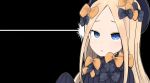  1girl :o abigail_williams_(fate/grand_order) bangs black_background black_bow black_dress black_hat blonde_hair blue_eyes blush bow commentary_request dress fate/grand_order fate_(series) forehead hair_bow hand_up hat long_hair long_sleeves looking_at_viewer newtype_flash orange_bow parted_bangs parted_lips polka_dot polka_dot_bow ro_(aahnn) sleeves_past_fingers sleeves_past_wrists solo very_long_hair 