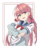  1girl akashi_(kantai_collection) blue_sailor_collar bow green_eyes hair_ribbon kantai_collection long_hair long_sleeves looking_at_viewer open_mouth pink_hair red_bow ribbon sailor_collar sailor_shirt school_uniform shirt shirt_lift solo tiasis tress_ribbon twintails undressing upper_body white_background 