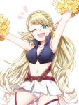  1girl armpits blonde_hair blush braid cheerleader fire_emblem fire_emblem_heroes green_eyes long_hair looking_at_viewer navel open_mouth sharena simple_background smile solo 