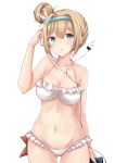  1girl absurdres bangs bikini blonde_hair blue_eyes blush breasts cleavage collarbone cowboy_shot earphones earphones_removed eyebrows_visible_through_hair girls_frontline gluteal_fold groin hair_between_eyes hair_ornament hairband hakuya_(white_night) hand_on_own_head highres long_hair looking_at_viewer medium_breasts navel open_mouth sidelocks snowflake_hair_ornament solo stomach suomi_kp31_(girls_frontline) swimsuit thighs white_bikini 