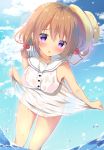  1girl :p bangs bare_arms bare_shoulders bikini bikini_under_clothes blue_sky blush bow breasts brown_hair closed_mouth clouds cloudy_sky commentary_request day dress dutch_angle eyebrows_visible_through_hair fingernails gochuumon_wa_usagi_desu_ka? hair_between_eyes hair_bobbles hair_ornament hat hat_bow hat_removed headwear_removed hoto_cocoa leaning_forward medium_breasts outdoors purple_bow red_bikini sailor_collar sailor_dress see-through shibainu_niki skirt_hold sky sleeveless sleeveless_dress smile solo sun_hat swimsuit tongue tongue_out violet_eyes water wet wet_clothes wet_dress white_dress white_sailor_collar 