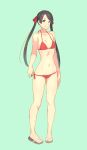  1girl bikini black_eyes black_hair collarbone full_body green_background highres kantai_collection light_smile long_hair looking_at_viewer lowleg lowleg_bikini mikuma_(kantai_collection) navel red_bikini sandals side-tie_bikini solo standing swimsuit twintails yuuji_(and) 