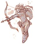  1girl arrow boots bow_(weapon) drawing_bow full_body gloves h&#039;aanit_(octopath_traveler) highres holding holding_bow_(weapon) holding_weapon hunter krazehkai long_hair monochrome octopath_traveler quiver solo weapon white_background 