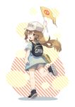  1girl :d arm_up backpack bag bangs black_footwear blue_shirt brown_eyes brown_hair brown_shorts character_name eyebrows_visible_through_hair flag flat_cap floating_hair from_behind full_body hair_between_eyes hat hataraku_saibou highres holding holding_flag laces leg_up long_hair looking_at_viewer looking_back open_mouth outstretched_arm platelet_(hataraku_saibou) sh_(562835932) shirt shoes short_sleeves shorts shoulder_bag smile solo standing standing_on_one_leg upper_teeth white_background white_hat 