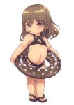  1girl bikini black_bikini brown_eyes brown_hair child closed_mouth commentary_request feral_lemma flat_chest full_body highres looking_at_viewer navel original polka_dot sandals short_hair simple_background solo standing swimsuit white_background 