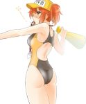  1girl ahoge ass baseball_cap commentary_request competition_swimsuit cowboy_shot fate/grand_order fate_(series) from_behind fujimaru_ritsuka_(female) hat id_card megaphone mouth_hold one-piece_swimsuit one_side_up orange_eyes orange_hair shino-o side_ponytail simple_background solo swimsuit translated whistle white_background yellow_hat 
