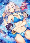  4girls animal_ears bangs bikini blue_bikini blue_eyes blush braid breasts bronya_zaychik checkered checkered_bikini cleavage closed_mouth collarbone commentary eyebrows_visible_through_hair flower hair_ornament hairband hairclip highres holding honkai_impact jewelry kiana_kaslana long_hair looking_at_viewer low_twintails lying medium_breasts multiple_girls nagu navel necklace on_back partially_submerged pink_hair purple_hair raiden_mei silver_hair smile solo_focus star star_hair_ornament star_necklace striped striped_bikini sunflower swimsuit thighs twin_braids twintails violet_eyes yae_sakura_(benghuai_xueyuan) 