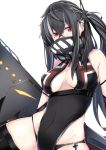  1girl absurdres azur_lane bandana_over_mouth bangs bare_shoulders bikini bikini_bottom black_bikini black_earrings black_gloves black_hair black_legwear black_leotard blush breasts covered_navel elbow_gloves gloves hair_between_eyes highres iron_cross leotard long_hair looking_at_viewer medium_breasts multicolored_hair nanakaku one-piece_swimsuit one_side_up red_eyes side_ponytail simple_background swimsuit thigh-highs torpedo two-tone_hair u-47_(azur_lane) white_background white_hair 