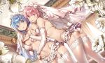  2girls ass blue_eyes blue_hair blurry bra breasts bridal_veil cleavage contrapposto depth_of_field detached_sleeves detexted dsmile dutch_angle flower from_side garter_straps hair_flower hair_ornament hands_on_own_chest highleg highleg_panties highres indoors large_breasts long_sleeves looking_at_viewer microskirt multiple_girls navel panties parted_lips pink_eyes pink_hair pleated_skirt ram_(re:zero) re:zero_kara_hajimeru_isekai_seikatsu rem_(re:zero) short_hair skirt thigh-highs third-party_edit underwear underwear_only veil white_bra white_legwear white_panties wife_and_wife 