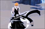  1boy arm_guards arrancarfighter bankai bleach gloves holding holding_sword holding_weapon kurosaki_ichigo looking_at_viewer male_focus orange_hair solo spiky_hair sword tensa_zangetsu_(bankai) weapon 