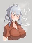  ahoge alternate_hairstyle blush cigarette commentary_request gangut_(kantai_collection) grey_hair highres kantai_collection partial_commentary red_shirt ryuun_(stiil) shirt short_hair smoking sweat upper_body yellow_eyes 