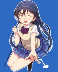  1girl arrow bangs blue_background blue_hair blush commentary_request full_body hair_between_eyes long_hair looking_at_viewer love_live! love_live!_school_idol_project one_eye_closed open_mouth otonokizaka_school_uniform school_uniform simple_background skull573 solo sonoda_umi yellow_eyes 