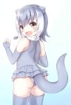  1girl :d animal_ears blue_background blush cowboy_shot elbow_gloves eyebrows_visible_through_hair fingerless_gloves from_behind fur_collar gloves gradient gradient_background gradient_hair grey_gloves grey_hair grey_legwear grey_shirt grey_swimsuit juggling kemono_friends looking_at_viewer looking_back matsuu_(akiomoi) miniskirt multicolored_hair open_mouth otter_ears otter_tail shirt skirt sleeveless sleeveless_shirt small-clawed_otter_(kemono_friends) smile solo stone swimsuit tail thigh-highs white_background white_hair 