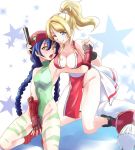  2girls ayase_eli bangs beret blonde_hair blue_eyes blue_hair blush braid breasts cammy_white cammy_white_(cosplay) cleavage commentary_request cosplay eyebrows_visible_through_hair fan fingerless_gloves folding_fan gloves green_leotard hair_between_eyes hat highleg japanese_clothes leotard long_hair looking_at_viewer love_live! love_live!_school_idol_project multiple_girls one_eye_closed open_mouth ponytail shiranui_mai shiranui_mai_(cosplay) smile sonoda_umi street_fighter the_king_of_fighters thong_leotard twin_braids urutsu_sahari yellow_eyes 