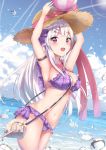  1girl animal arms_up azur_lane ball bangs bare_shoulders beachball bikini bird blue_sky blush bow breasts clouds cloudy_sky commentary_request cygnet_(azur_lane) day eyebrows_visible_through_hair flower hair_bow hair_ornament hairclip hat hat_bow highres horizon houraku long_hair medium_breasts navel ocean open_mouth outdoors pink_bow pink_flower pink_rose plaid plaid_bikini purple_bikini purple_bow rose silver_hair sky solo straw_hat swan swimsuit upper_teeth very_long_hair violet_eyes water water_drop yellow_flower 