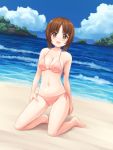  1girl aposine beach bikini blue_sky breasts brown_eyes brown_hair cleavage clouds collarbone day full_body girls_und_panzer highres kneeling looking_at_viewer medium_breasts mountain navel nishizumi_miho ocean open_mouth outdoors pink_bikini sand short_hair side-tie_bikini sky smile solo swimsuit waves 