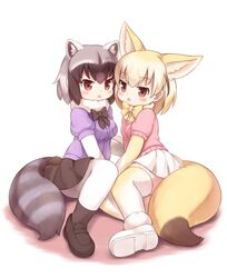  2girls :o animal_ears black_footwear black_hair black_legwear black_neckwear black_skirt blonde_hair blush bow bowtie breast_pocket brown_eyes common_raccoon_(kemono_friends) extra_ears eyebrows_visible_through_hair fennec_(kemono_friends) fox_ears fox_tail fur_collar fur_trim grey_hair kemono_friends looking_at_viewer matsuu_(akiomoi) miniskirt multicolored multicolored_clothes multicolored_legwear multiple_girls pantyhose pink_sweater pocket raccoon_ears raccoon_tail short_sleeves sitting skirt sweater tail thigh-highs white_footwear white_legwear white_skirt yellow_legwear yellow_neckwear 