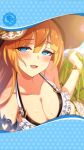  1girl artist_request blue_eyes blush bracelet breasts cleavage collarbone eyebrows_visible_through_hair framed_image hat heart_ring highres jewelry large_breasts long_hair official_art orange_hair phantom_of_the_kill pisarl_(phantom_of_the_kill) sun_hat towel 