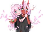  2girls bigroll blush bracelet candy darling_in_the_franxx fangs food green_eyes hair_between_eyes hairband highres holding holding_food hood hood_down hooded_robe hug hug_from_behind jewelry long_hair looking_at_viewer multiple_girls oni_horns open_mouth petals pink_hair red_horns red_skin simple_background v white_hairband younger zero_two_(darling_in_the_franxx) 