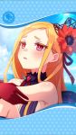  1girl arms_on_knees artist_request blonde_hair blush clouds flower framed_image gae_buidhe_(phantom_of_the_kill) gloves hair_flower hair_ornament highres official_art open_mouth phantom_of_the_kill red_eyes red_gloves sky swimsuit 