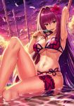  1girl arm_behind_back bikini blade bracelet breasts collarbone dusk fate/grand_order fate_(series) flower hair_flower hair_intakes hair_ornament highres jewelry knee_up large_breasts long_hair looking_at_viewer navel outdoors partially_submerged pepperjoe300 purple_bikini purple_hair red_eyes scathach_(fate/grand_order) scathach_(swimsuit_assassin)_(fate) sitting skindentation solo sunset swimsuit thigh_strap tongue tongue_out under_boob 