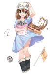  1girl :d absurdres arm_up artist_name bag baseball_cap blue_dress boots brown_eyes brown_hair clothes_writing commentary_request dated dress flag full_body hair_between_eyes hand_on_headwear hat hataraku_saibou heart highres holding holding_bag long_hair looking_at_viewer neps-l open_mouth panties platelet_(hataraku_saibou) round_teeth see-through short_sleeves shoulder_bag simple_background smile solo standing tareme teeth translated underwear whistle white_background white_hat wind wind_lift 