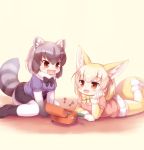 2girls :d animal_ears black_footwear black_gloves black_hair black_legwear black_neckwear black_skirt blonde_hair blush bow bowtie brown_eyes chin_rest common_raccoon_(kemono_friends) eighth_note extra_ears eyebrows_visible_through_hair fang fennec_(kemono_friends) fox_ears fox_tail fur_collar fur_trim gloves grey_hair hand_on_own_chin kemono_friends kemono_friends_pavilion looking_at_another lying matsuu_(akiomoi) miniskirt multicolored multicolored_clothes multicolored_hair multicolored_legwear multiple_girls music_box musical_note on_stomach open_mouth pantyhose pink_sweater playground_equipment_(kemono_friends_pavilion) pleated_skirt raccoon_ears raccoon_tail short_sleeves sitting skirt smile sweater tail thigh-highs wariza white_footwear white_gloves white_legwear white_skirt yellow_background yellow_legwear yellow_neckwear 