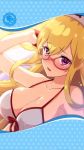  1girl artist_request asclepius_(phantom_of_the_kill) bikini blonde_hair blush bow breasts cleavage eyebrows_visible_through_hair framed_image glasses gloves hair_between_eyes hand_in_hair headwear highres large_breasts long_hair official_art open_mouth phantom_of_the_kill pink_eyes swimsuit white_bikini white_bikini_top 