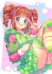  1girl :d aqua_eyes ass bangs blue_eyes blush brown_hair drill_hair feet_out_of_frame frilled_skirt frills frog frog_girl green_skirt hood hoodie idol idolmaster idolmaster_(classic) jacket jumping long_sleeves looking_at_viewer multicolored multicolored_clothes multicolored_legwear neko-rina open_mouth panties pantyshot short_hair skirt smile star starry_background striped striped_legwear stuffed_animal stuffed_frog stuffed_toy takatsuki_yayoi thigh-highs twin_drills twintails underwear v 
