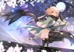  1girl bangs black_scarf blonde_hair bow closed_mouth commentary_request fate/grand_order fate_(series) flower full_body full_moon grey_eyes hair_bow holding holding_sword holding_weapon japanese_clothes katana kimono kneeling looking_at_viewer moon night night_sky obi okita_souji_(fate) okita_souji_(fate)_(all) open_toe_shoes outdoors petals sash scarf sheath short_hair short_kimono sky solo sword teddy_(khanshin) thighs tree_branch weapon wide_sleeves 