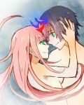  1boy 1girl bangs black_hair blue_horns breasts commentary_request couple darling_in_the_franxx eyebrows_visible_through_hair face-to-face facing_another forehead-to-forehead green_eyes hand_on_another&#039;s_head hetero highres hiro_(darling_in_the_franxx) horns long_hair looking_at_another medium_breasts night night_sky oni_horns pink_hair red_horns shirtless short_hair sky soranereco star star_(sky) starry_sky zero_two_(darling_in_the_franxx) 