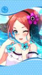  1girl artist_request black_hairband blush flower framed_image hair_flower hair_ornament hairband heterochromia highres jewelry kerykeion_(phantom_of_the_kill) official_art one_eye_closed phantom_of_the_kill redhead swimsuit water white_swimsuit 