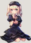  1boy androgynous black_dress blonde_hair blue_eyes blush chevalier_d&#039;eon_(fate/grand_order) dress fate/grand_order fate_(series) frills gothic gothic_lolita hairband lolita_fashion lolita_hairband long_hair looking_at_viewer simple_background smile solo trap wanko_(takohati8) 