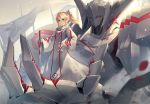  1girl alternate_costume armor banner blonde_hair clarent commentary_request fate/grand_order fate_(series) five_star_stories glowing glowing_eyes green_eyes hand_on_hilt hand_on_hip highres isegawa_yasutaka long_sleeves mecha mordred_(fate) mordred_(fate)_(all) petals ponytail red_scrunchie scrunchie smile standing 