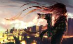 1girl blurry blurry_background camera city closed_mouth commentary english_commentary fingerless_gloves fisheye_placebo gloves green_eyes highres long_hair profile redhead robin_(fisheye_placebo) scarf solo standing watermark web_address wenqing_yan 