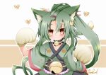  1girl animal_ears bell bell_choker blush cat_ears cat_tail choker closed_mouth cowboy_shot flower_knight_girl gloves green_hair green_kimono hair_ornament hairclip heart japanese_clothes jingle_bell kasagland kemonomimi_mode kimono long_hair looking_at_viewer paw_gloves paws ponytail red_eyes sankaku_saboten_(flower_knight_girl) signature smile solo tail white_gloves 