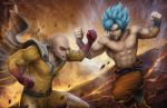  2boys abs angry bald battle belt boots cape clenched_hands clenched_teeth commentary crack crossover deviantart_username dragon_ball energy english_commentary epic fire gloves ground_shatter manly molten_rock multiple_boys muscle one-punch_man pointy_hair realistic saitama_(one-punch_man) sam_delatore shirtless signature son_gokuu spiky_hair teeth torn_clothes 