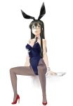  1girl animal_ears black_hair black_neckwear blue_leotard breasts brown_legwear bunny_tail bunnysuit commentary_request detached_collar grey_eyes hairband high_heels highres kantai_collection leotard long_hair muhamado necktie ooyodo_(kantai_collection) pantyhose paper rabbit_ears red_footwear semi-rimless_eyewear simple_background sitting small_breasts solo strapless strapless_leotard tail under-rim_eyewear white_background wrist_cuffs 