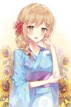  1girl alternate_hairstyle bang_dream! bangs blonde_hair blue_kimono blush braid clenched_hand eyebrows_visible_through_hair floral_background flower hair_flower hair_ornament hair_over_shoulder hand_on_own_elbow hand_up highres ichigaya_arisa japanese_clothes kimono light_brown_hair looking_at_viewer obi open_mouth red_flower sash single_braid solo sunflower taya_5323203 water_drop white_flower wide_sleeves x_hair_ornament 