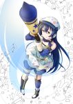  1girl bangs blue_hair commentary_request crayon from_above hair_between_eyes hat long_hair looking_at_viewer love_live! love_live!_school_idol_festival love_live!_school_idol_project morugen rabbit solo sonoda_umi thigh-highs yellow_eyes 